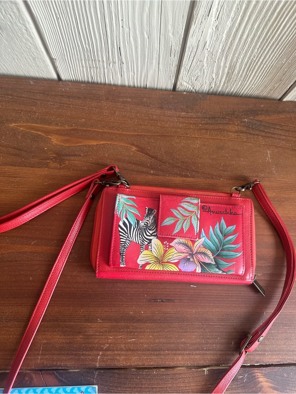 Anuschka Hand Painted Red Zebra & Tropical Floral Crossbody Wristlet Bag - Picture 15 of 16